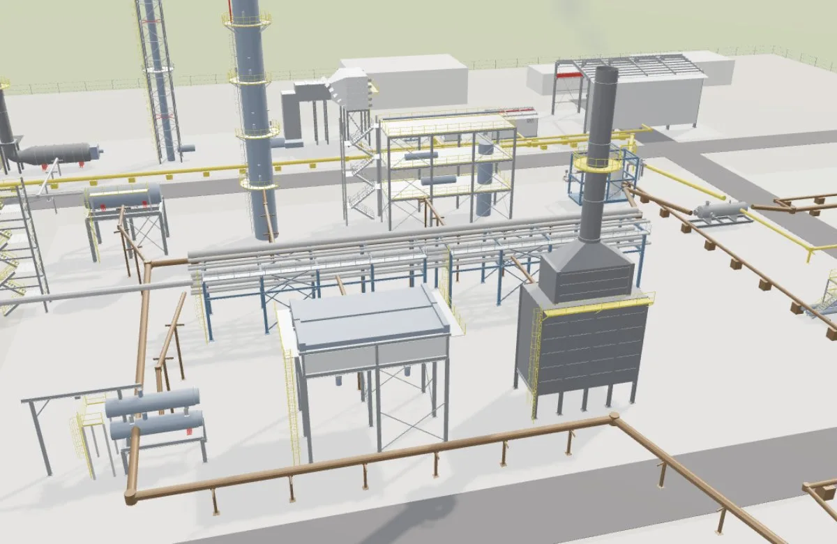 The Allmarc 3D model of an onshore oil and gas site: flares, process units, pipe racks, tanks and loading