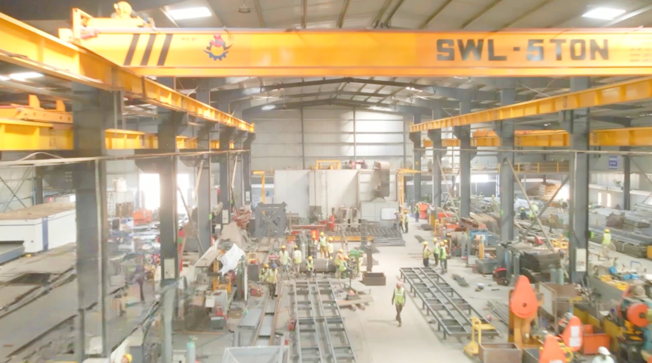 A heavy fabrication bay at Allmarc with overhead cranes
